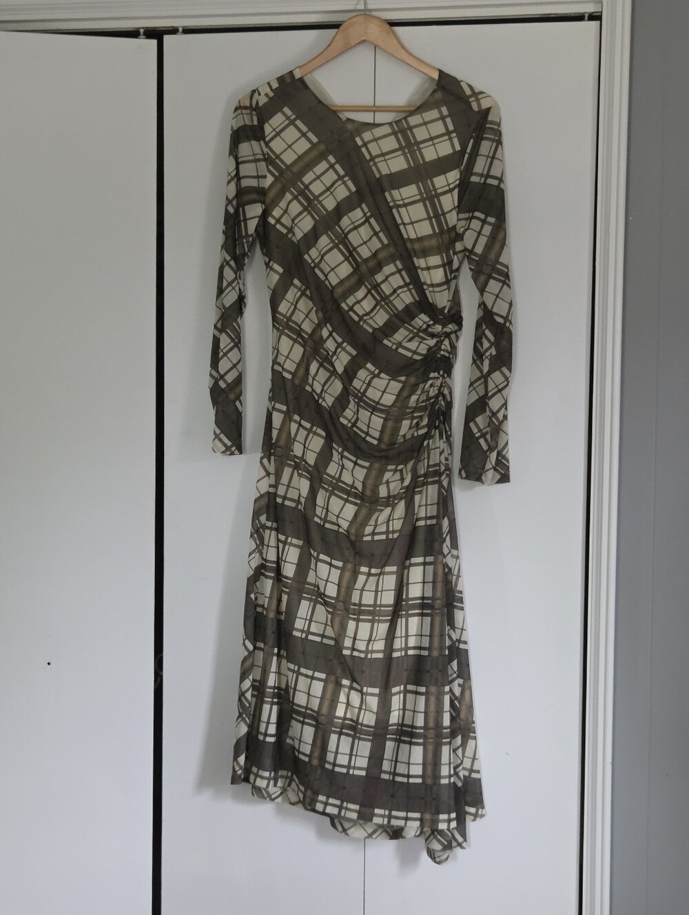 Anthropologie Olive and Cream Plaid Long-Sleeve Wrap Dress - Picture 2 of 4